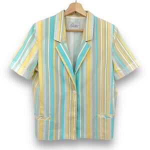 VINTAGE 80's Pykettes Size 10 Striped Pastel Blue Yellow Blazer Jacket